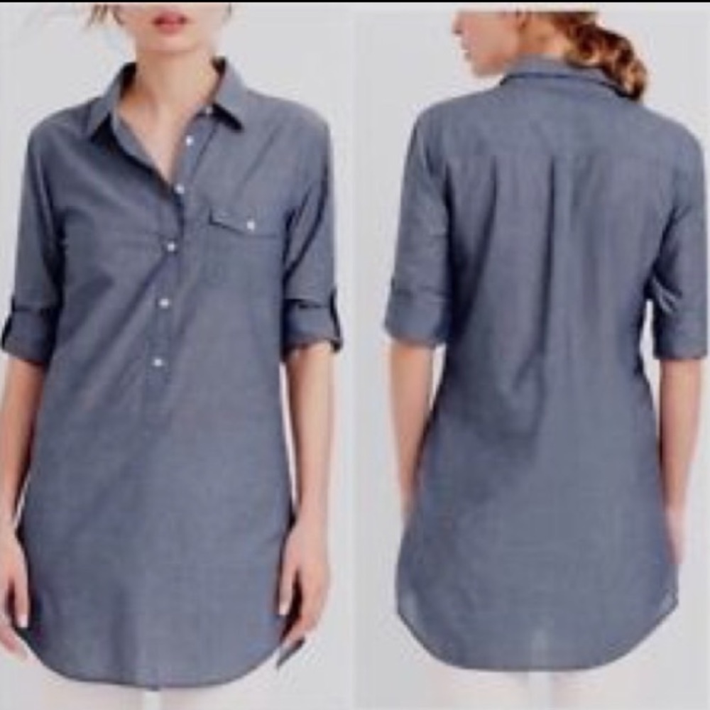 j. crew Chambray Blue Popover Roll Slvs Tunic Top